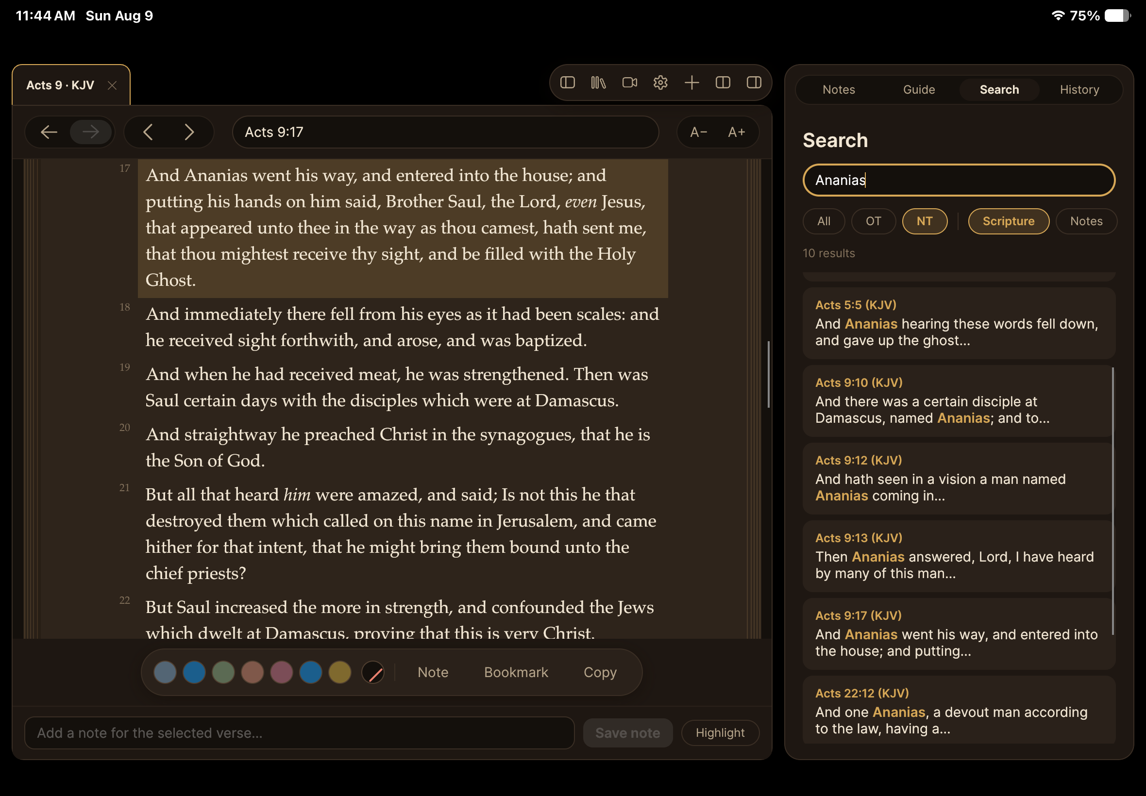 Search panel showing New Testament results for Ananias beside the KJV text of Acts 9